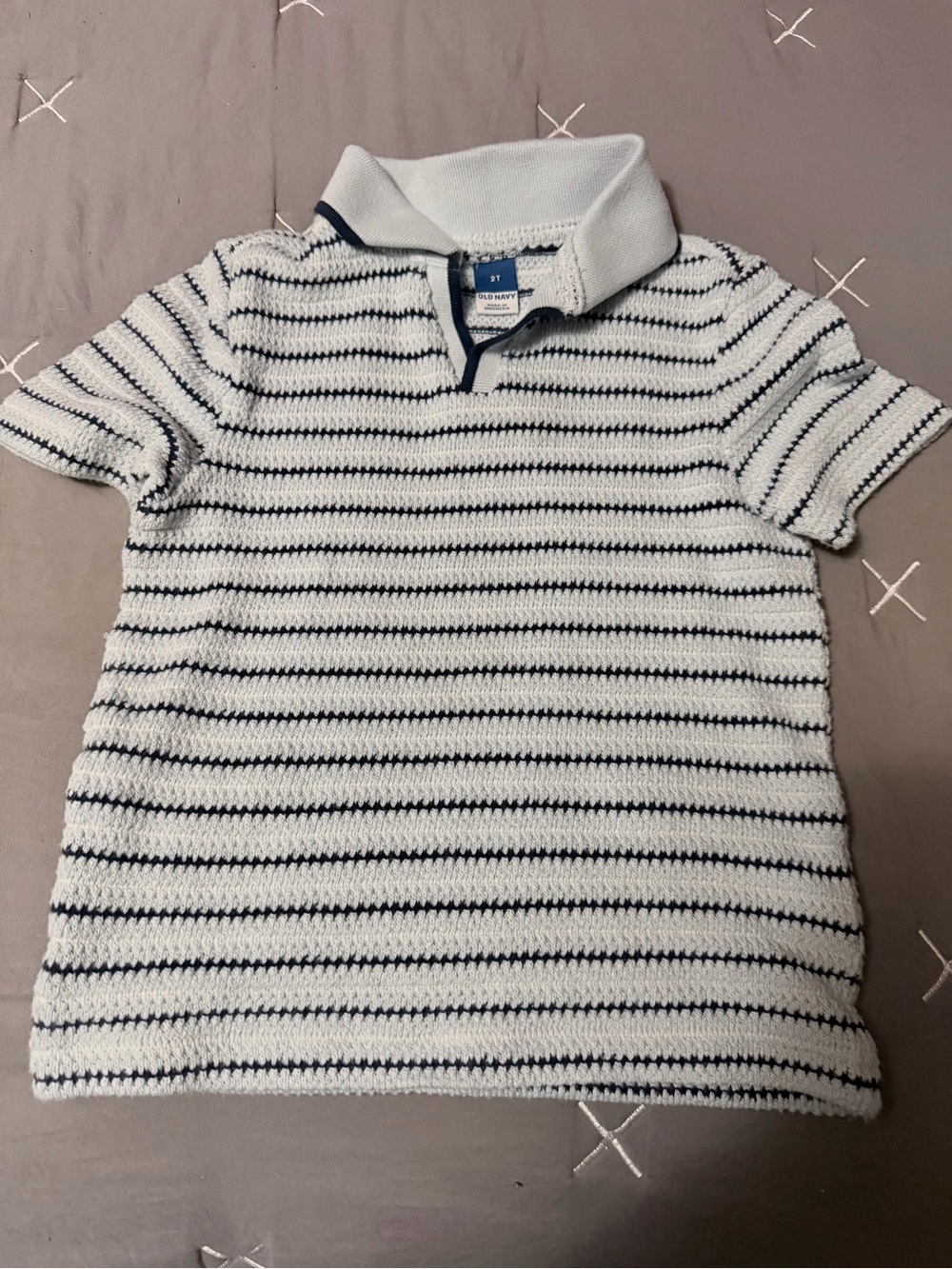 Old Navy White and Navy Striped Knit Polo Shirt